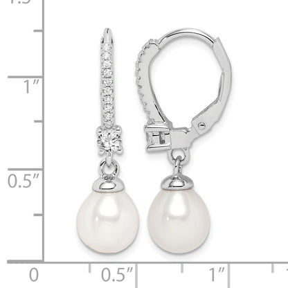 Sterling Silver Rhodium-plated 7-8mm White Teardrop Freshwater Cultured Pearl and CZ Leverback Dangle Earrings