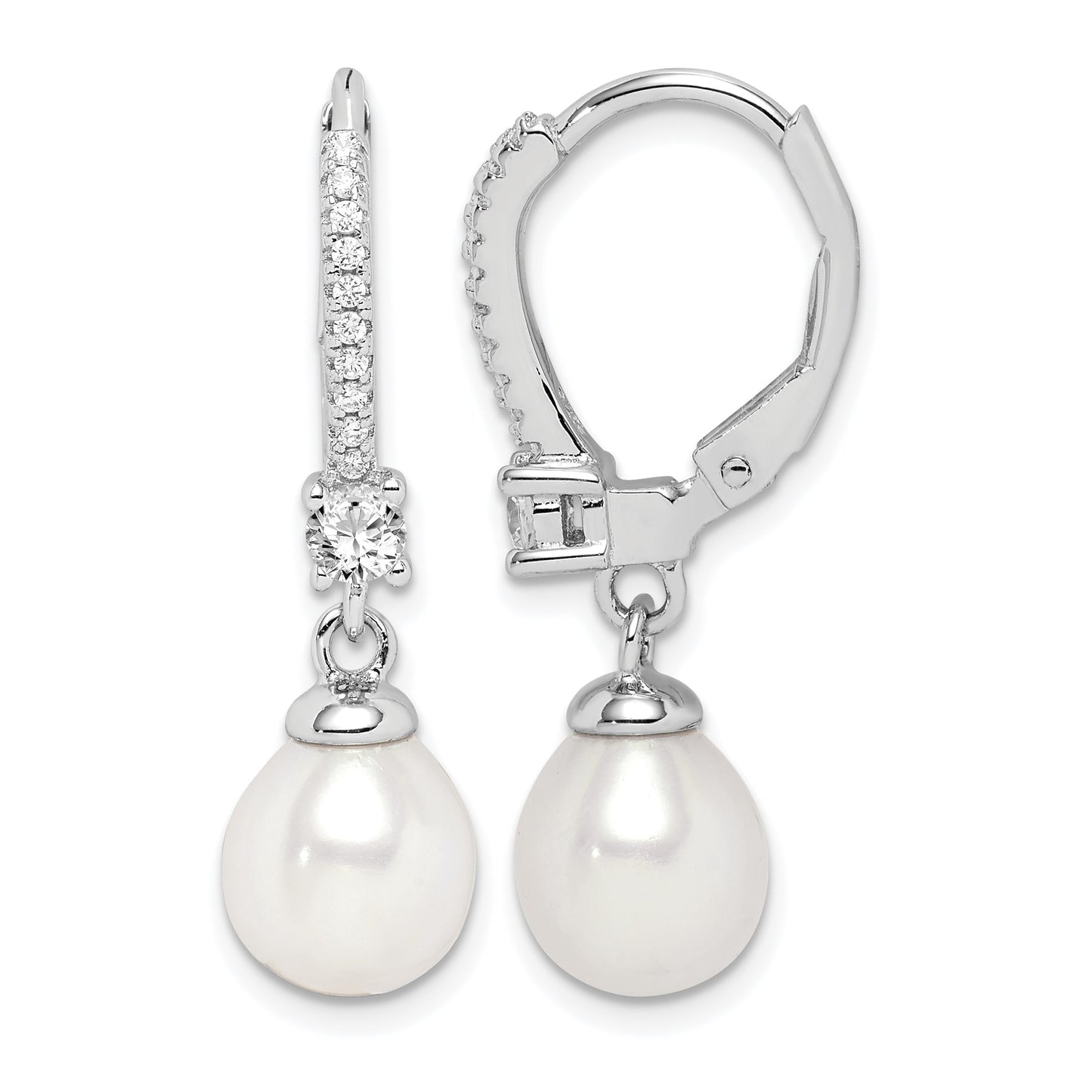Sterling Silver Rhodium-plated 7-8mm White Teardrop Freshwater Cultured Pearl and CZ Leverback Dangle Earrings