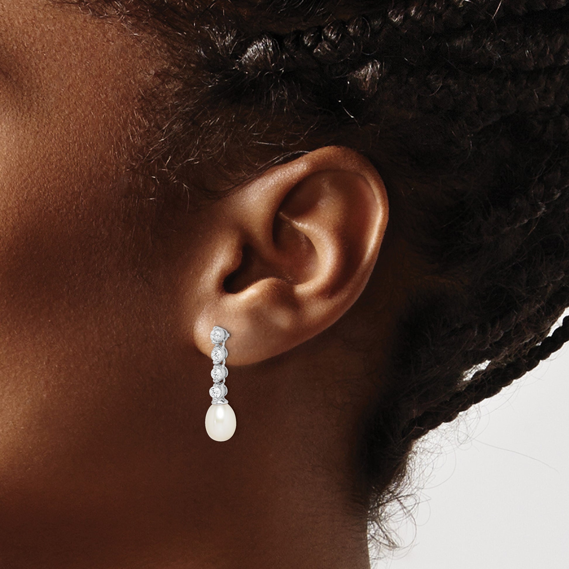 Sterling Silver Rhodium-plated 7-8mm White Rice Freshwater Cultured Pearl and CZ Post Dangle Earrings