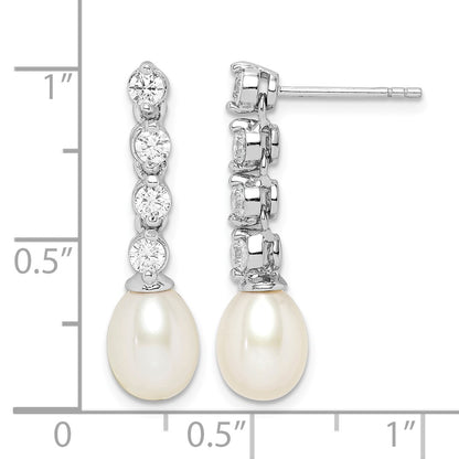 Sterling Silver Rhodium-plated 7-8mm White Rice Freshwater Cultured Pearl and CZ Post Dangle Earrings
