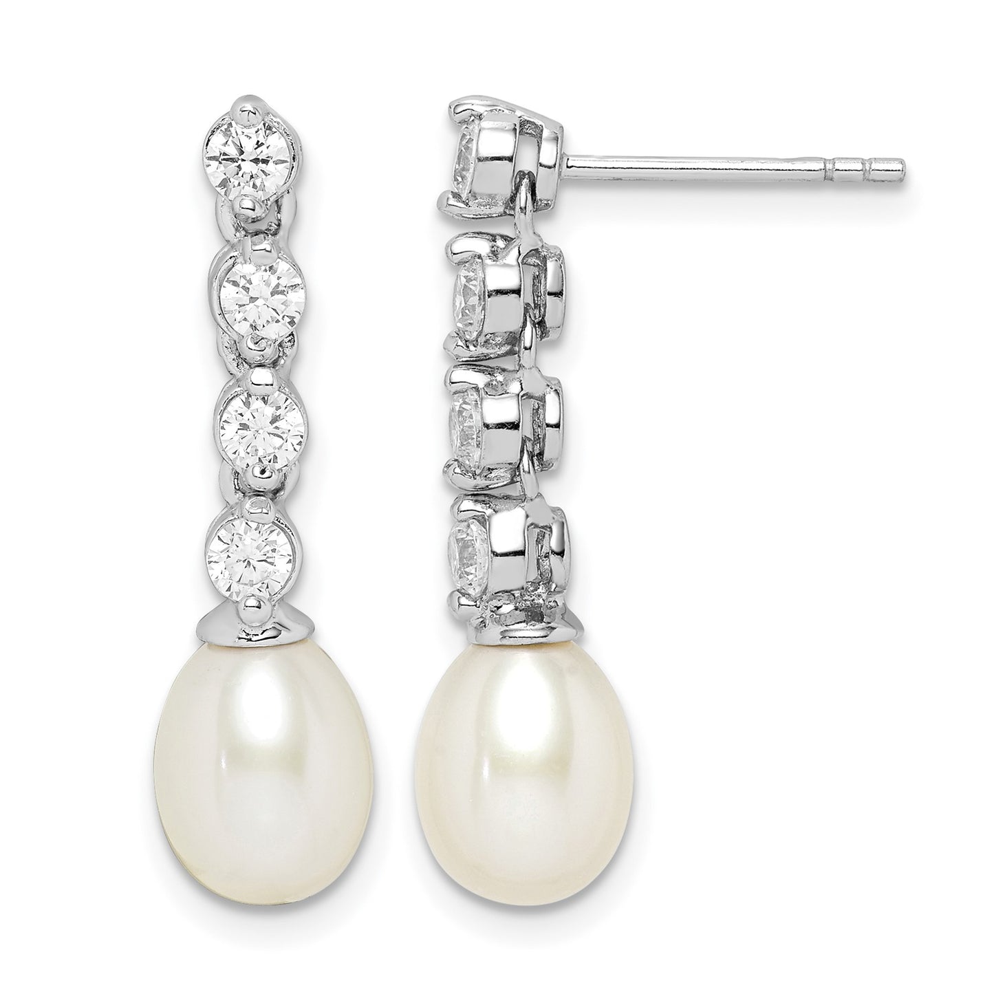 Sterling Silver Rhodium-plated 7-8mm White Rice Freshwater Cultured Pearl and CZ Post Dangle Earrings