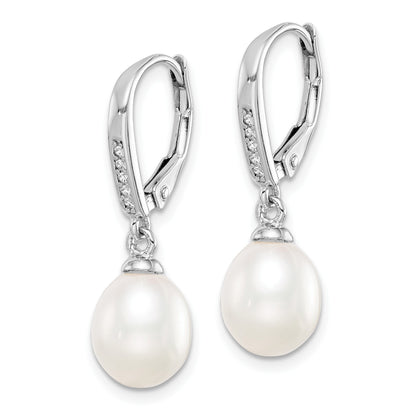 Sterling Silver Rhodium-plated 7-8mm White Teardrop Freshwater Cultured Pearl and CZ Leverback Dangle Earrings