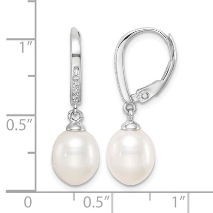 Sterling Silver Rhodium-plated 7-8mm White Teardrop Freshwater Cultured Pearl and CZ Leverback Dangle Earrings