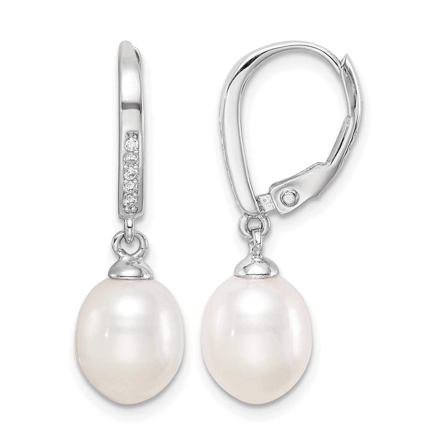Sterling Silver Rhodium-plated 7-8mm White Teardrop Freshwater Cultured Pearl and CZ Leverback Dangle Earrings