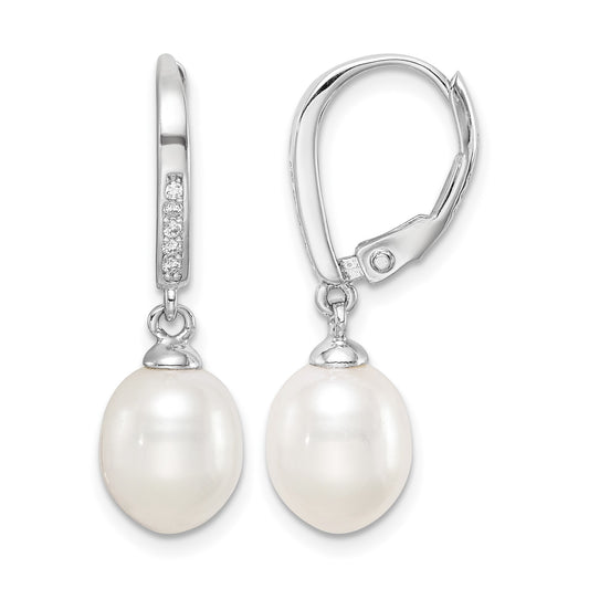 Sterling Silver Rhodium-plated 7-8mm White Teardrop Freshwater Cultured Pearl and CZ Leverback Dangle Earrings