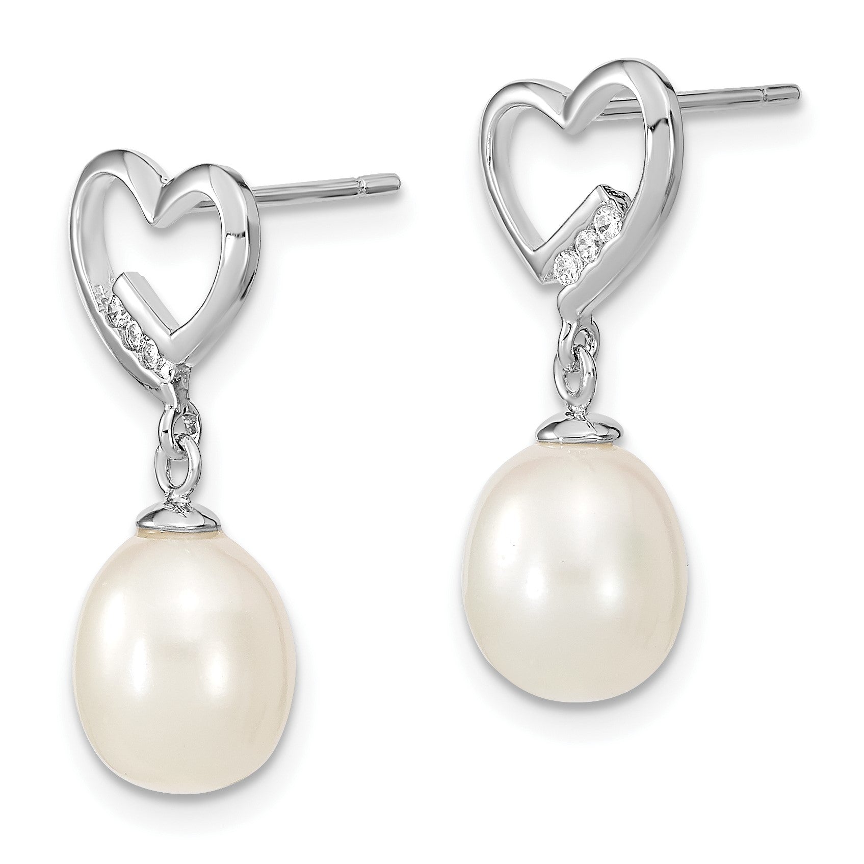Sterling Silver Rhodium-plated 7-8mm White Rice Freshwater Pearl and CZ Heart Post Dangle Earrings