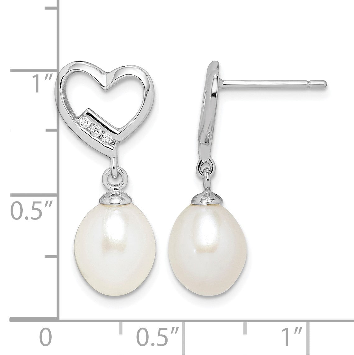 Sterling Silver Rhodium-plated 7-8mm White Rice Freshwater Pearl and CZ Heart Post Dangle Earrings