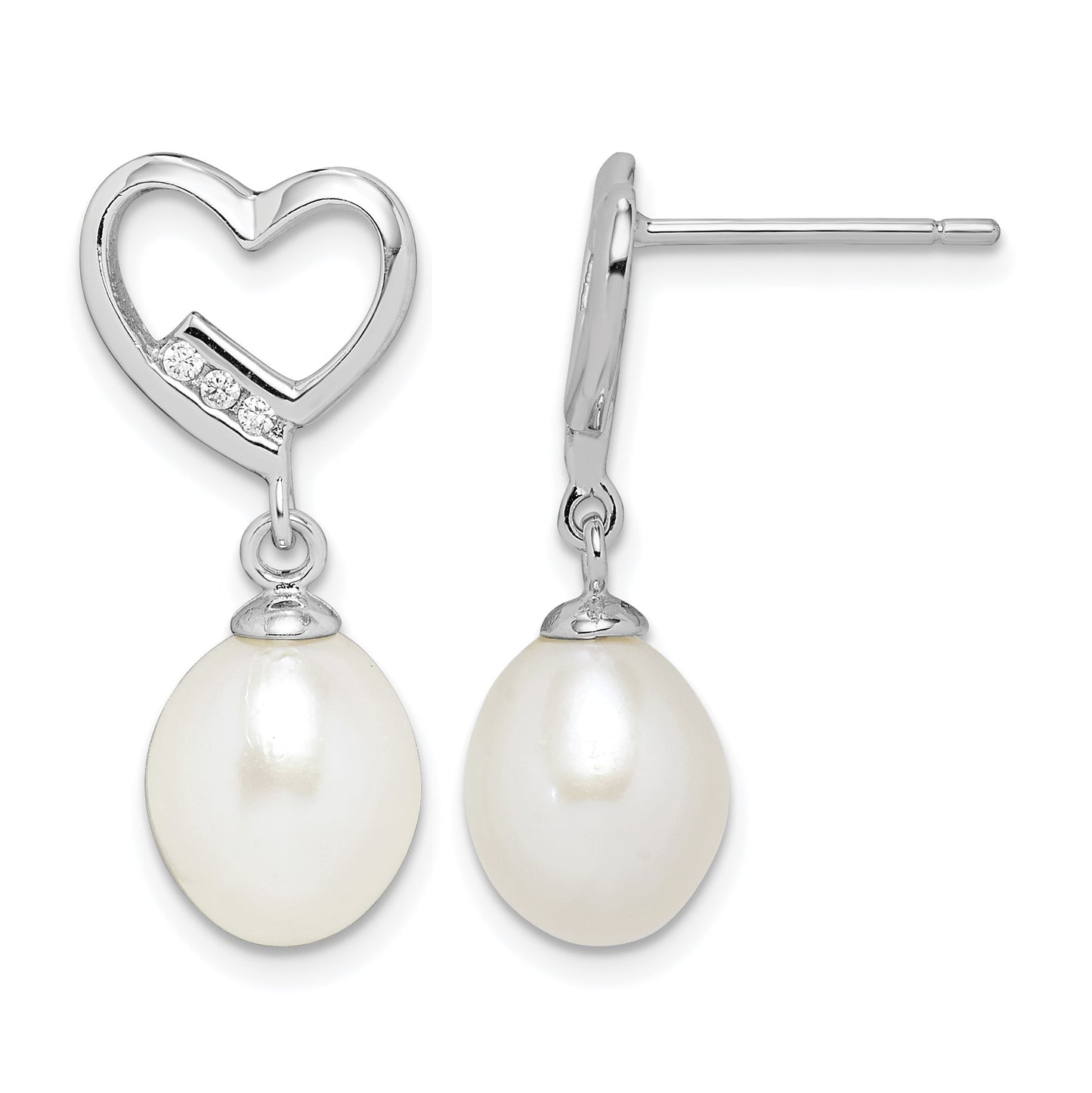 Sterling Silver Rhodium-plated 7-8mm White Rice Freshwater Pearl and CZ Heart Post Dangle Earrings