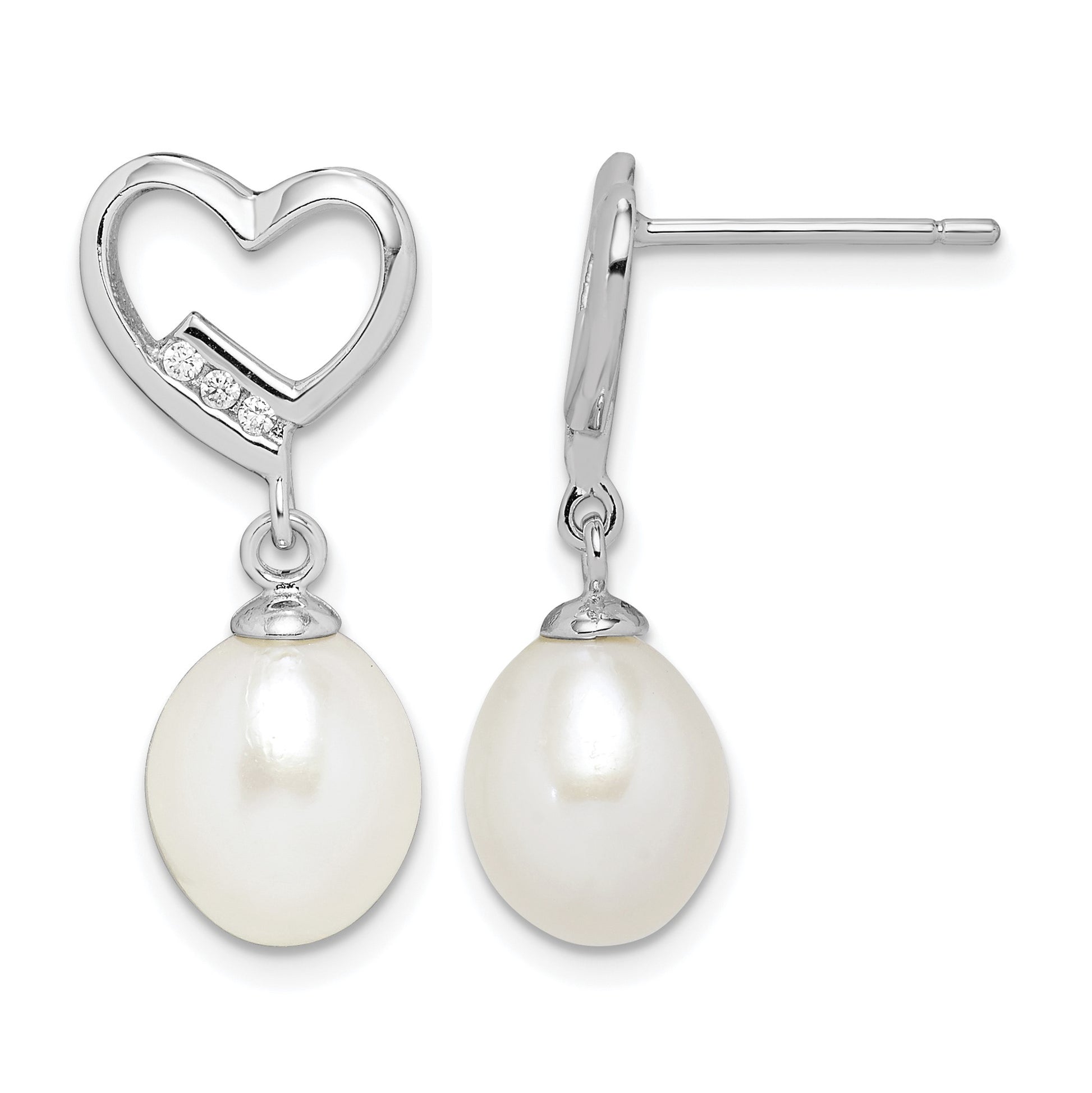 Sterling Silver Rhodium-plated 7-8mm White Rice Freshwater Pearl and CZ Heart Post Dangle Earrings