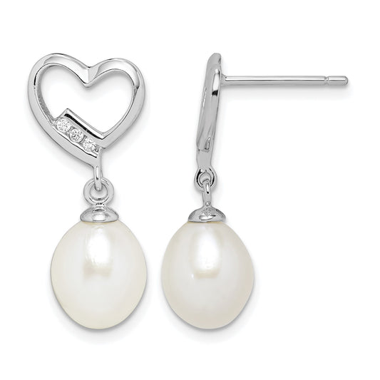 Sterling Silver Rhodium-plated 7-8mm White Rice Freshwater Pearl and CZ Heart Post Dangle Earrings