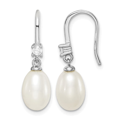 Sterling Silver Rhodium-plated 7-8mm White Teardrop Freshwater Cultured Pearl and CZ Dangle Earrings