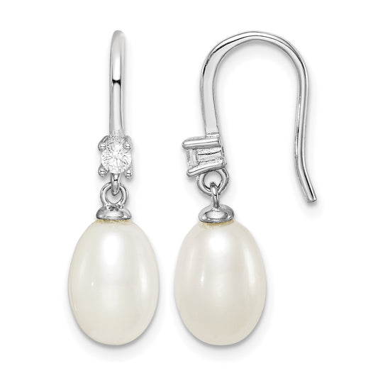 Sterling Silver Rhodium-plated 7-8mm White Teardrop Freshwater Cultured Pearl and CZ Dangle Earrings