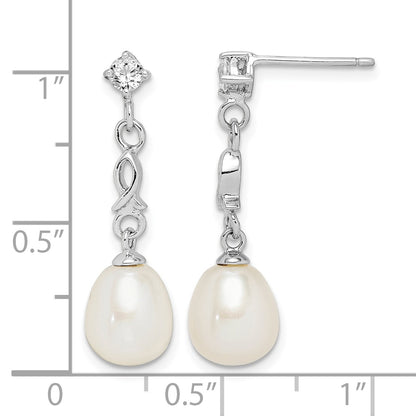 Sterling Silver Rhodium-plated 7-8mm White Rice Freshwater Cultured Pearl and CZ Post Dangle Earrings