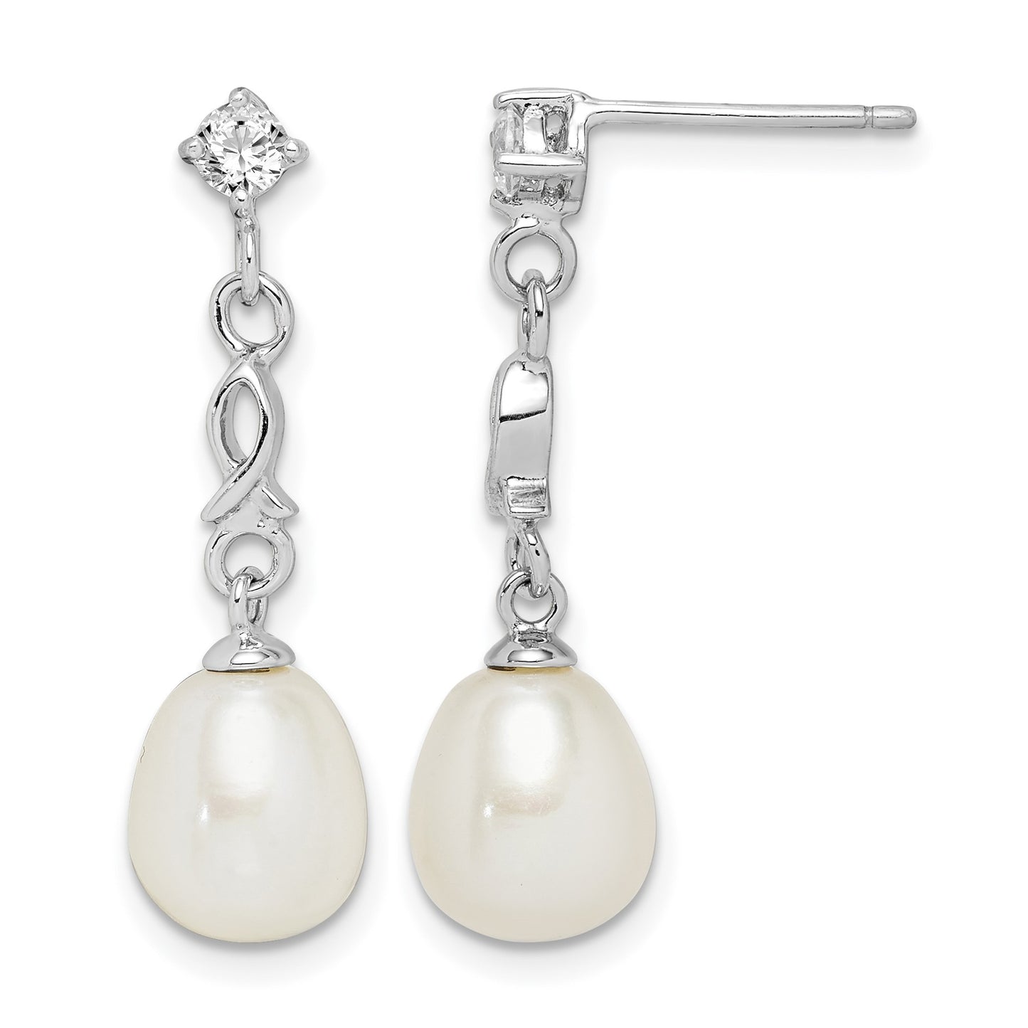 Sterling Silver Rhodium-plated 7-8mm White Rice Freshwater Cultured Pearl and CZ Post Dangle Earrings
