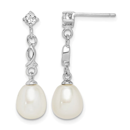 Sterling Silver Rhodium-plated 7-8mm White Rice Freshwater Cultured Pearl and CZ Post Dangle Earrings