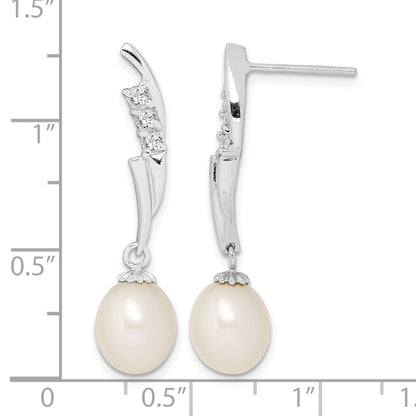 Sterling Silver Rhodium-plated 7-8mm White Rice Freshwater Cultured Pearl and CZ Post Dangle Earrings