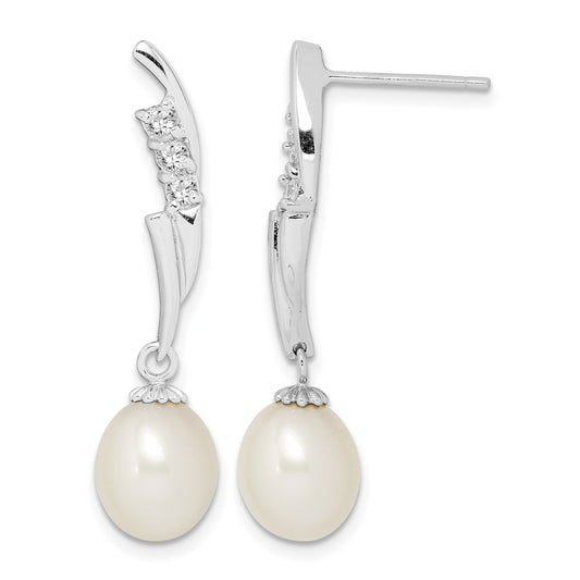 Sterling Silver Rhodium-plated 7-8mm White Rice Freshwater Cultured Pearl and CZ Post Dangle Earrings