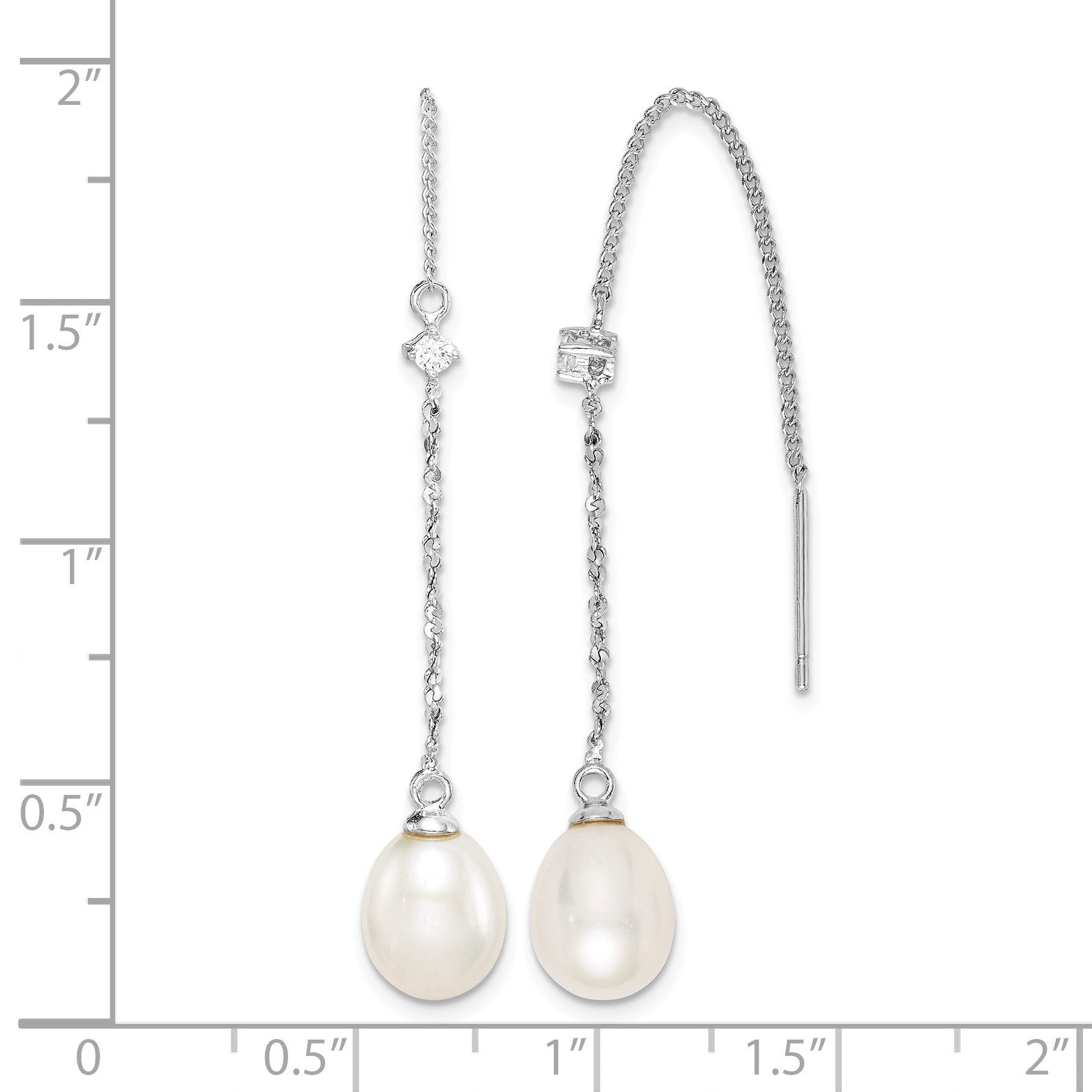 Sterling Silver Rhodium-plated 7-8mm White Teardrop Freshwater Cultured Pearl and CZ Threader Earrings
