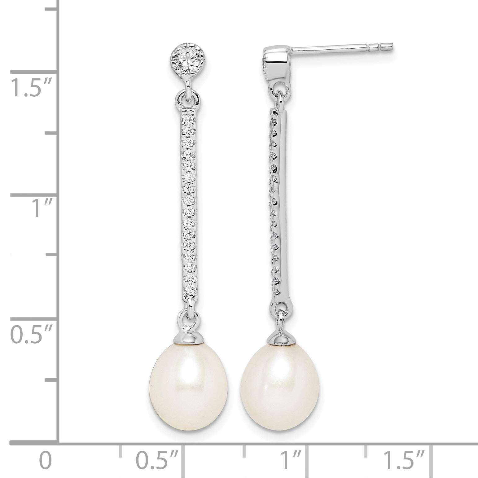 Sterling Silver Rhodium-plated 8-9mm White Rice Freshwater Cultured Pearl and CZ Post Dangle Earrings