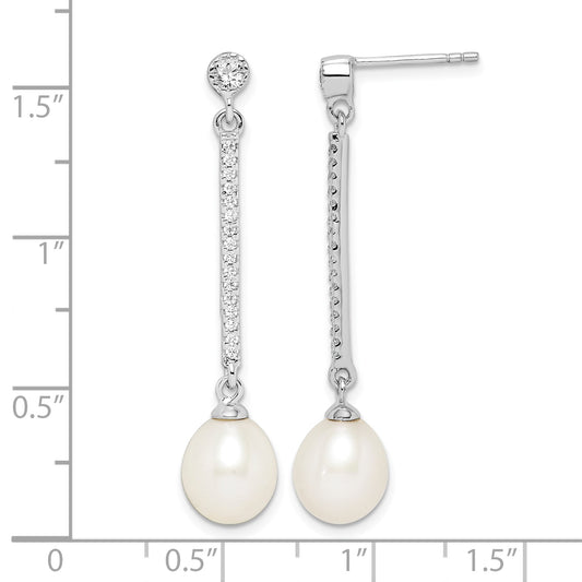 Sterling Silver Rhodium-plated 8-9mm White Rice Freshwater Cultured Pearl and CZ Post Dangle Earrings