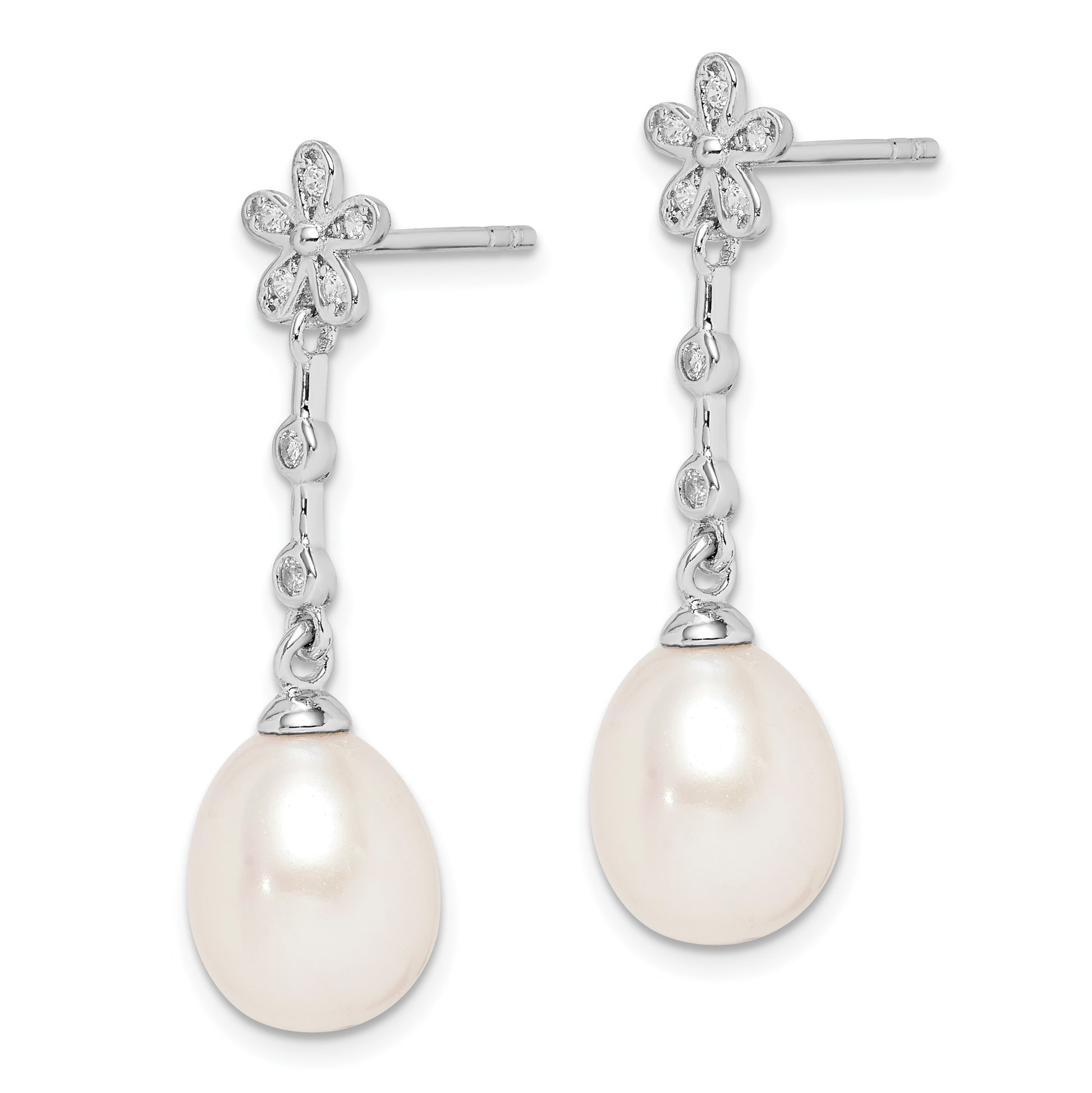 Sterling Silver Rhodium-plated 8-9mm White Rice Freshwater Cultured Pearl and CZ Flower Post Dangle Earrings