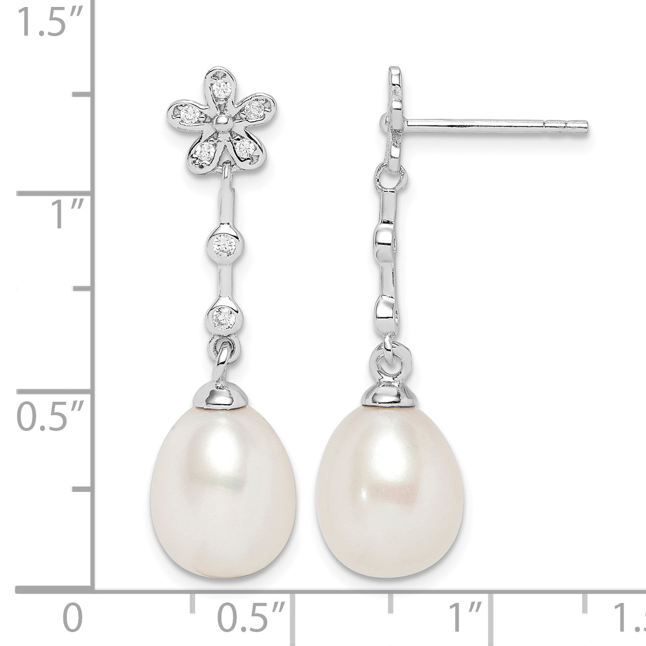 Sterling Silver Rhodium-plated 8-9mm White Rice Freshwater Cultured Pearl and CZ Flower Post Dangle Earrings