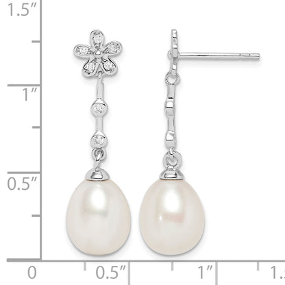 Sterling Silver Rhodium-plated 8-9mm White Rice Freshwater Cultured Pearl and CZ Flower Post Dangle Earrings