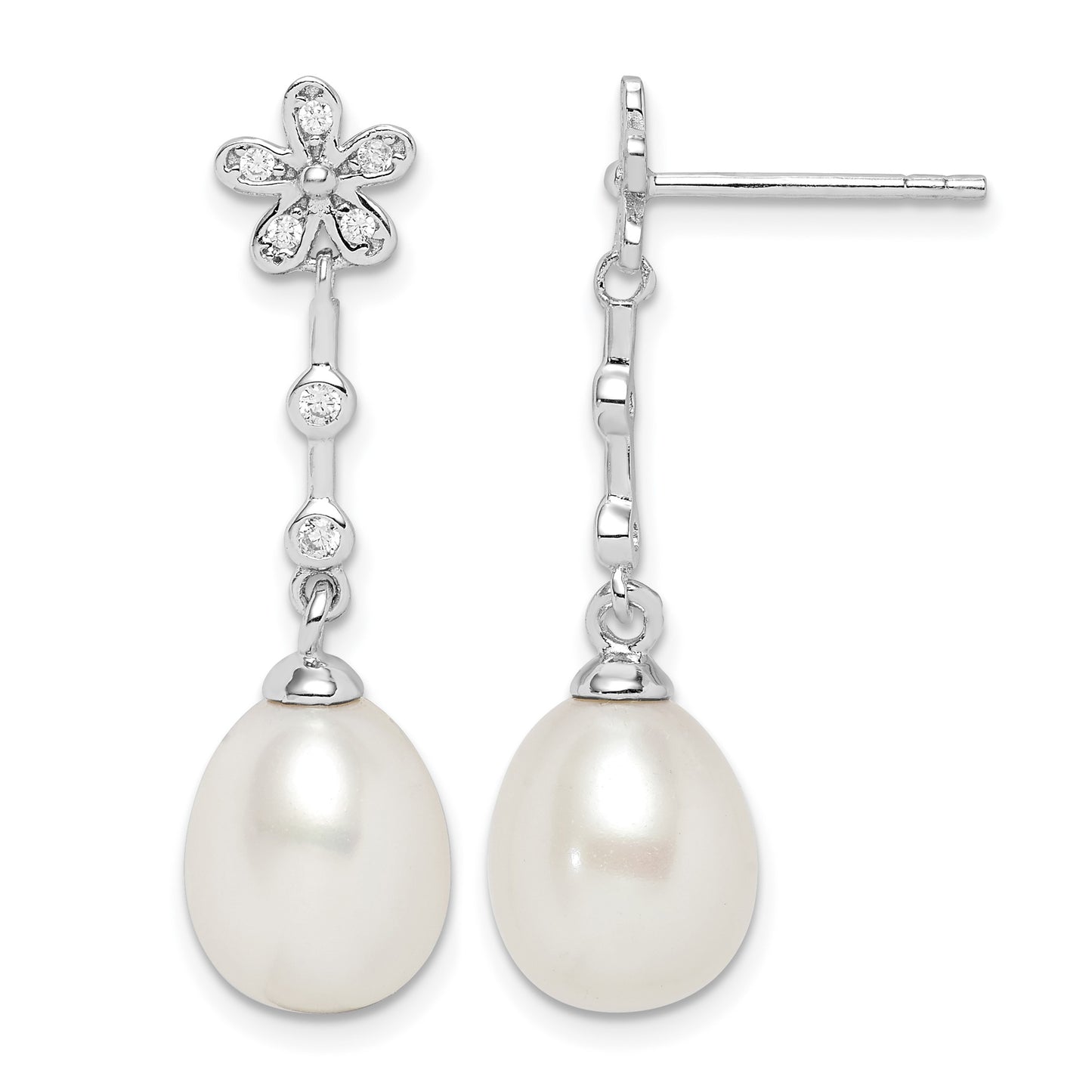 Sterling Silver Rhodium-plated 8-9mm White Rice Freshwater Cultured Pearl and CZ Flower Post Dangle Earrings