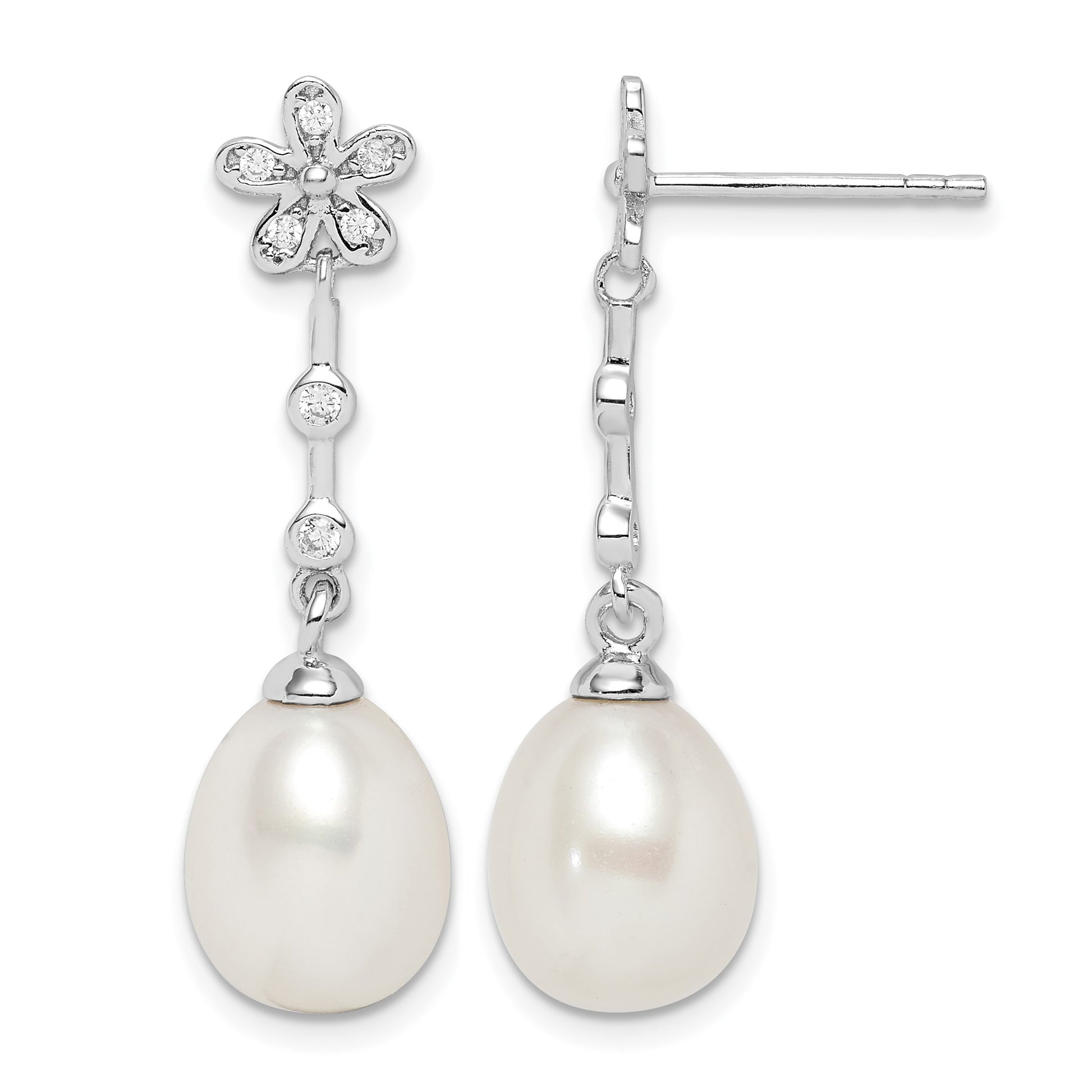 Sterling Silver Rhodium-plated 8-9mm White Rice Freshwater Cultured Pearl and CZ Flower Post Dangle Earrings