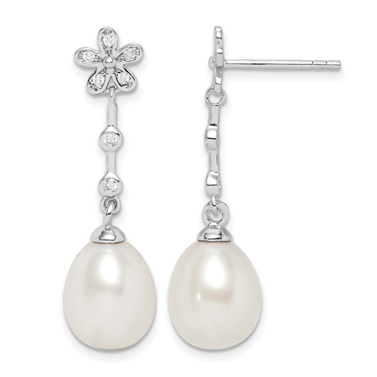 Sterling Silver Rhodium-plated 8-9mm White Rice Freshwater Cultured Pearl and CZ Flower Post Dangle Earrings