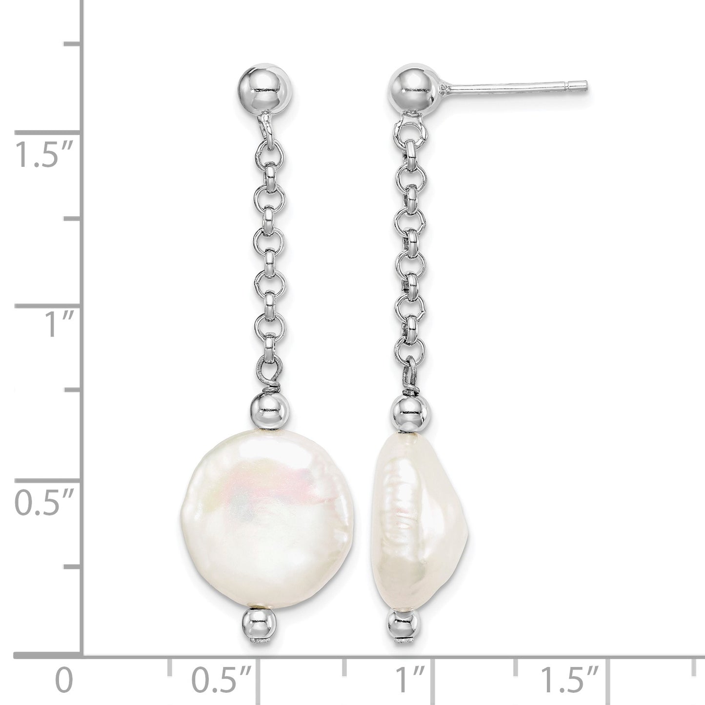 Sterling Silver Rhodium-plated 12-13mm White Coin Freshwater Cultured Pearl Post Dangle Earrings