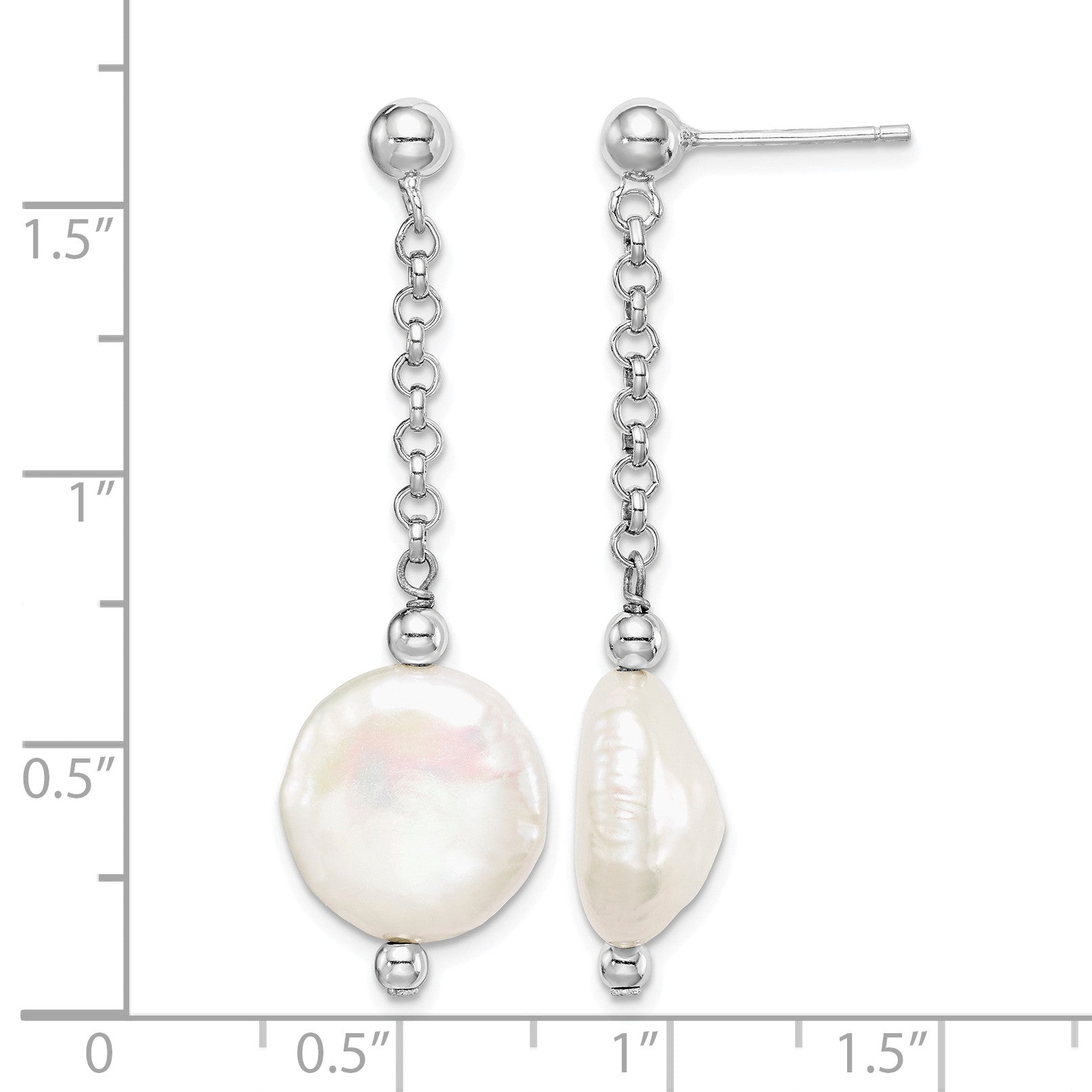 Sterling Silver Rhodium-plated 12-13mm White Coin Freshwater Cultured Pearl Post Dangle Earrings