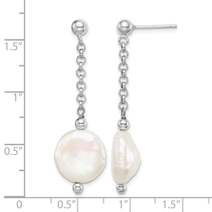 Sterling Silver Rhodium-plated 12-13mm White Coin Freshwater Cultured Pearl Post Dangle Earrings