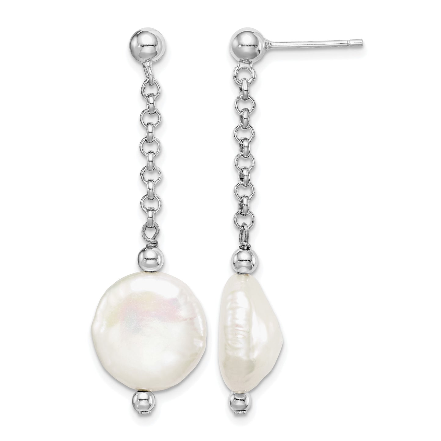 Sterling Silver Rhodium-plated 12-13mm White Coin Freshwater Cultured Pearl Post Dangle Earrings