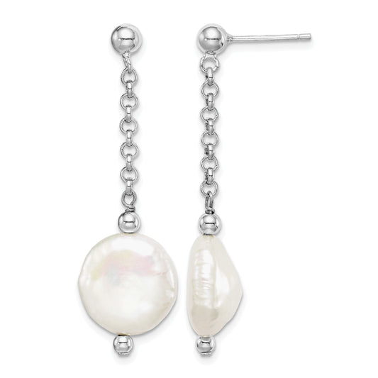 Sterling Silver Rhodium-plated 12-13mm White Coin Freshwater Cultured Pearl Post Dangle Earrings