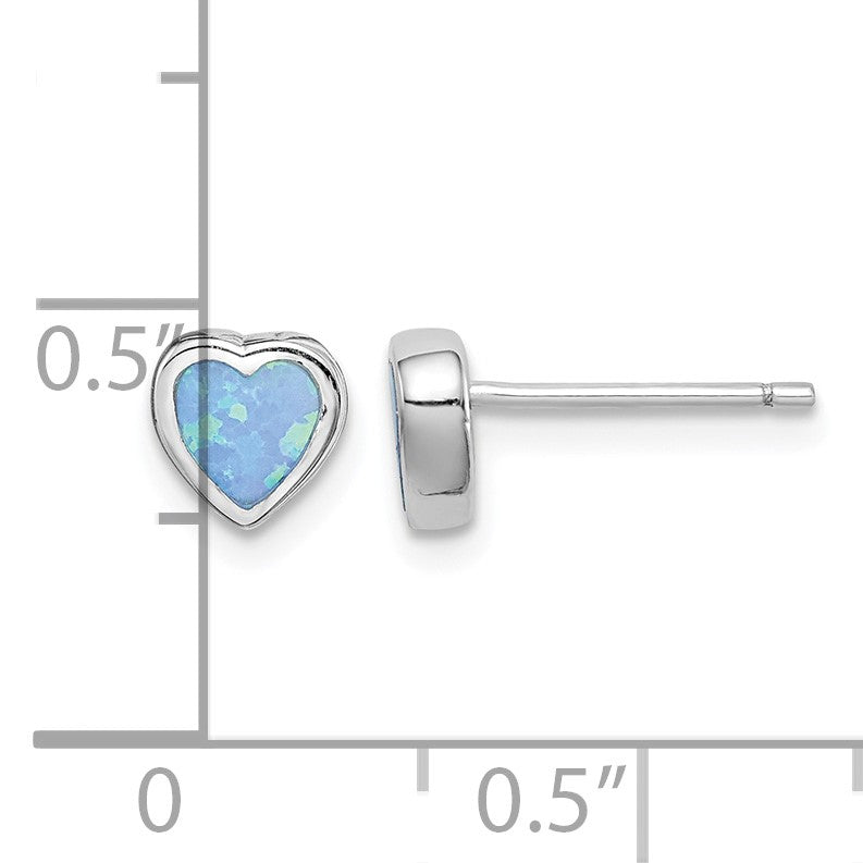 Sterling Silver Rhodium-plated 6mm Blue Created Opal Heart Post Earrings