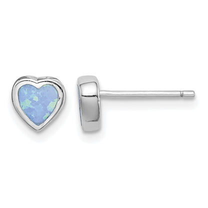 Sterling Silver Rhodium-plated 6mm Blue Created Opal Heart Post Earrings