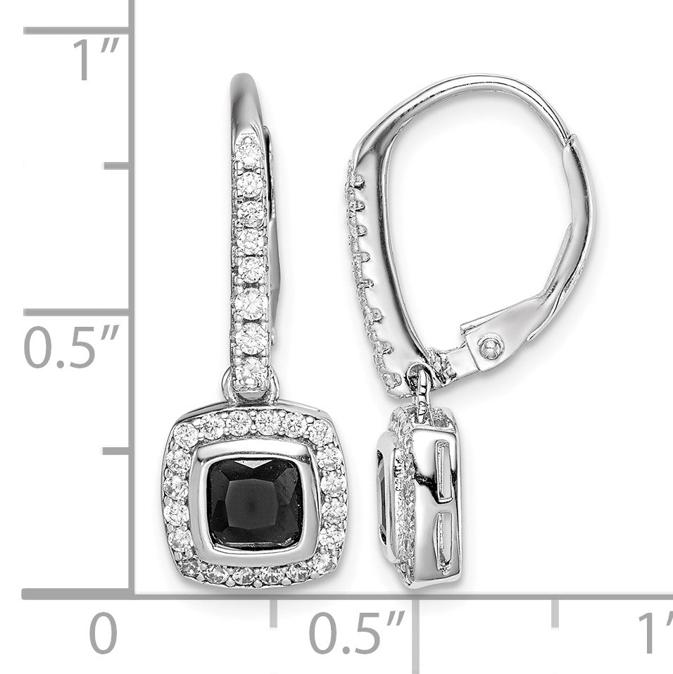 Sterling Silver Rhodium-plated Black & White CZ Halo Leverback Earrings