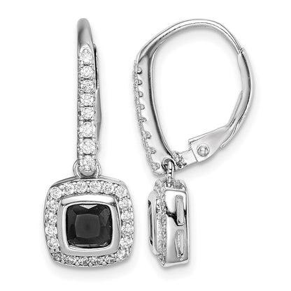 Sterling Silver Rhodium-plated Black & White CZ Halo Leverback Earrings