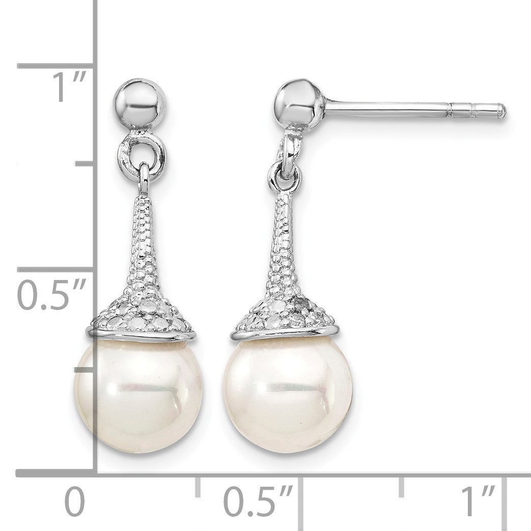 Sterling Silver Rhodium-plated CZ and Imitation Shell Pearl Dangle Earrings