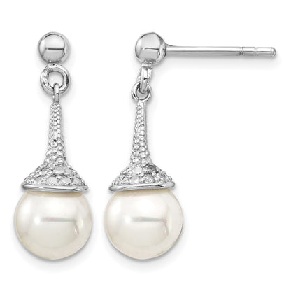 Sterling Silver Rhodium-plated CZ and Imitation Shell Pearl Dangle Earrings