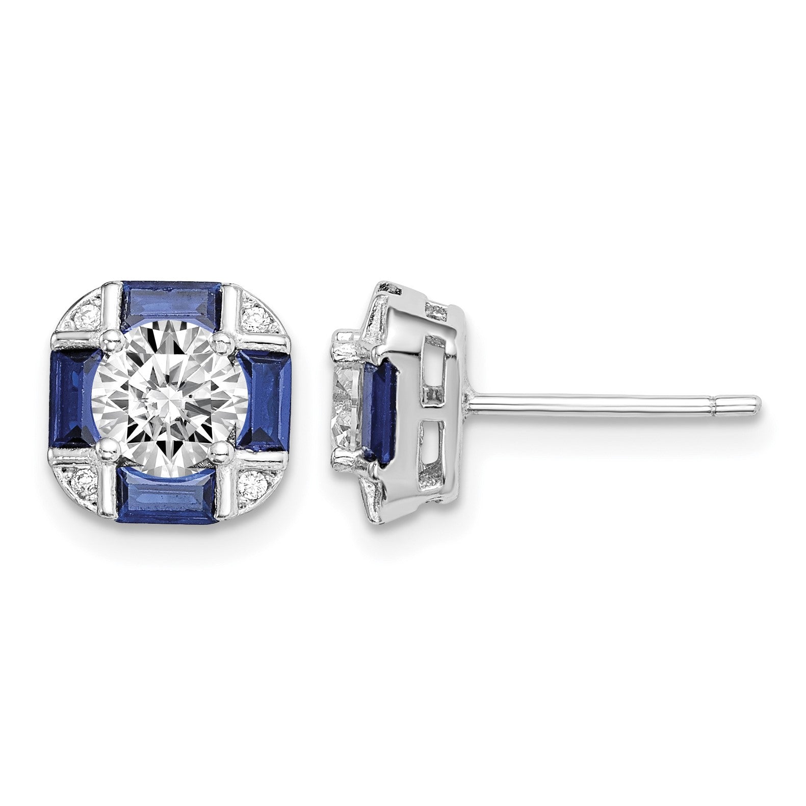 Sterling Silver Rhodium-plated CZ and Lab Created Blue Spinel Earrings
