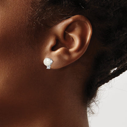 Sterling Silver Rhodium-plated 6-7mm White Button Freshwater Cultured Pearl and CZ Post Earrings