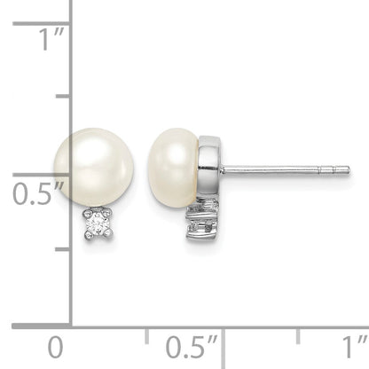 Sterling Silver Rhodium-plated 6-7mm White Button Freshwater Cultured Pearl and CZ Post Earrings