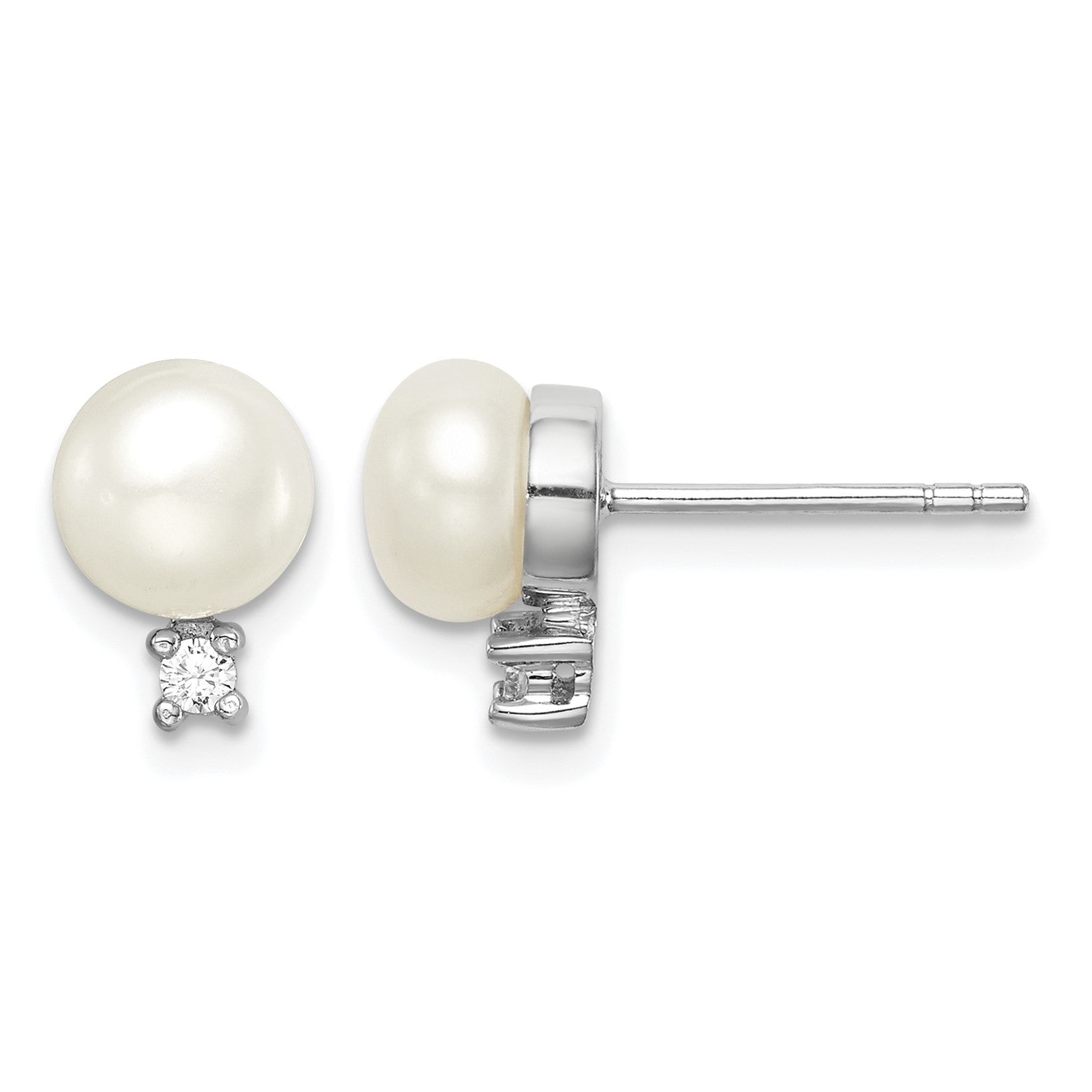 Sterling Silver Rhodium-plated 6-7mm White Button Freshwater Cultured Pearl and CZ Post Earrings
