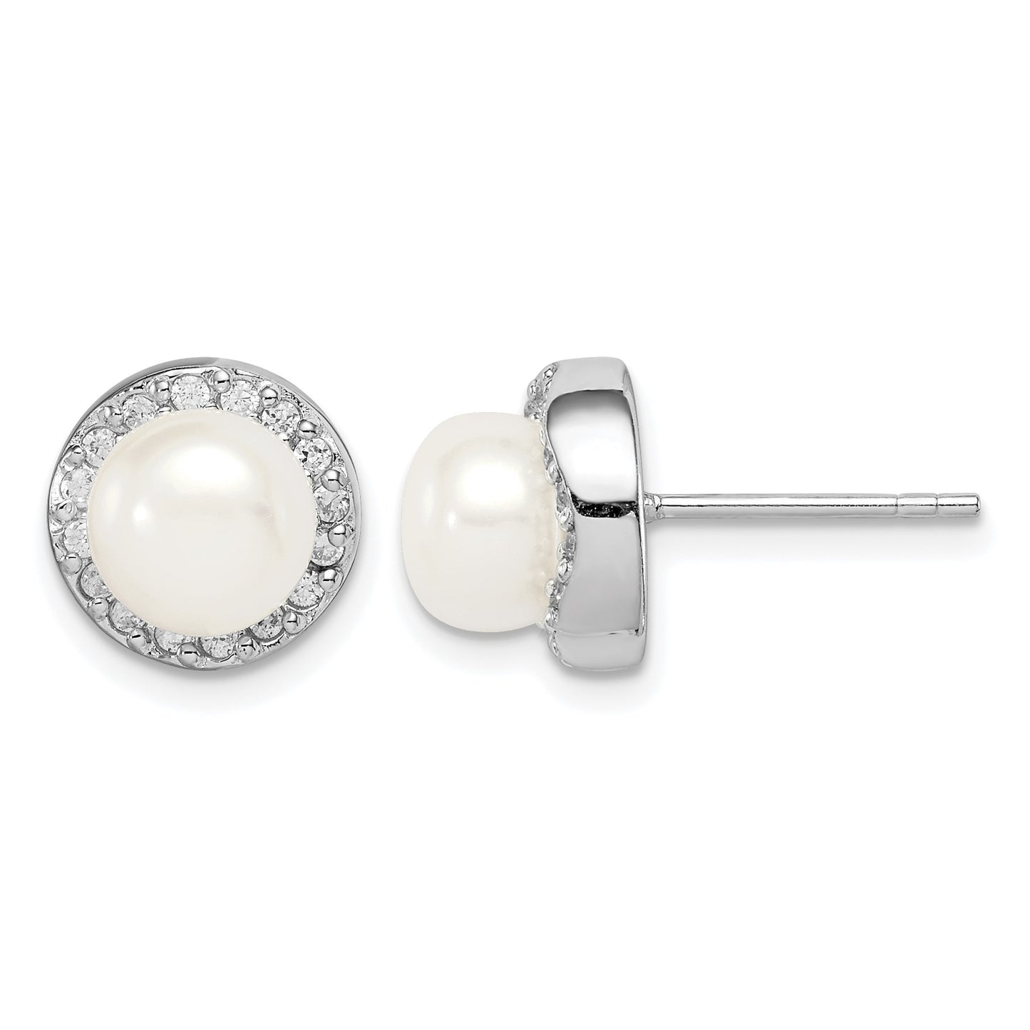 Sterling Silver Rhodium-plated 7-8mm White Button Freshwater Cultured Pearl and CZ Post Earrings