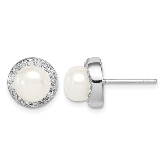 Sterling Silver Rhodium-plated 7-8mm White Button Freshwater Cultured Pearl and CZ Post Earrings
