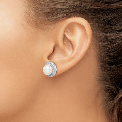 Sterling Silver Rhodium-plated 8-9mm White Button Freshwater Cultured Pearl and CZ Post Earrings