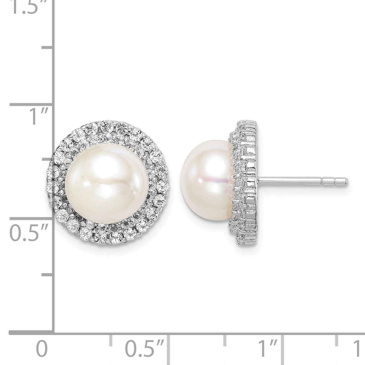 Sterling Silver Rhodium-plated 8-9mm White Button Freshwater Cultured Pearl and CZ Post Earrings