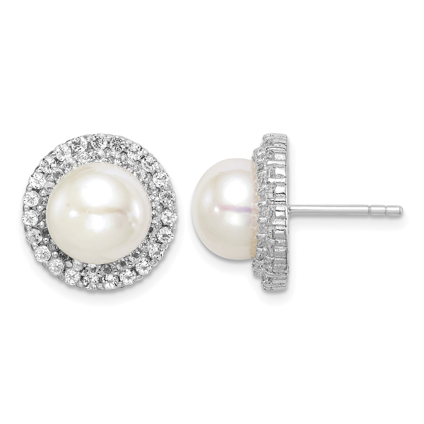 Sterling Silver Rhodium-plated 8-9mm White Button Freshwater Cultured Pearl and CZ Post Earrings
